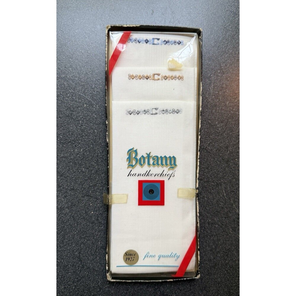 Vintage NIB Botany White Cotton Handkerchiefs 3 Embroidered Letter "C” Wedding